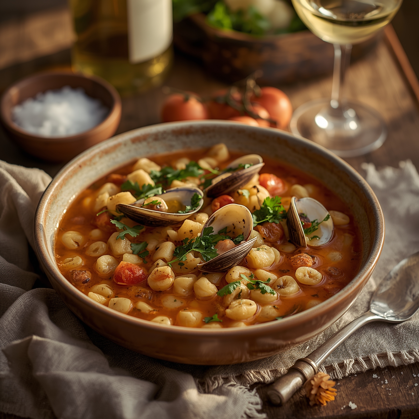 Sardinian dinner setup. A wide white serving bowl filled with fregola with clams in tomato broth sits at the center