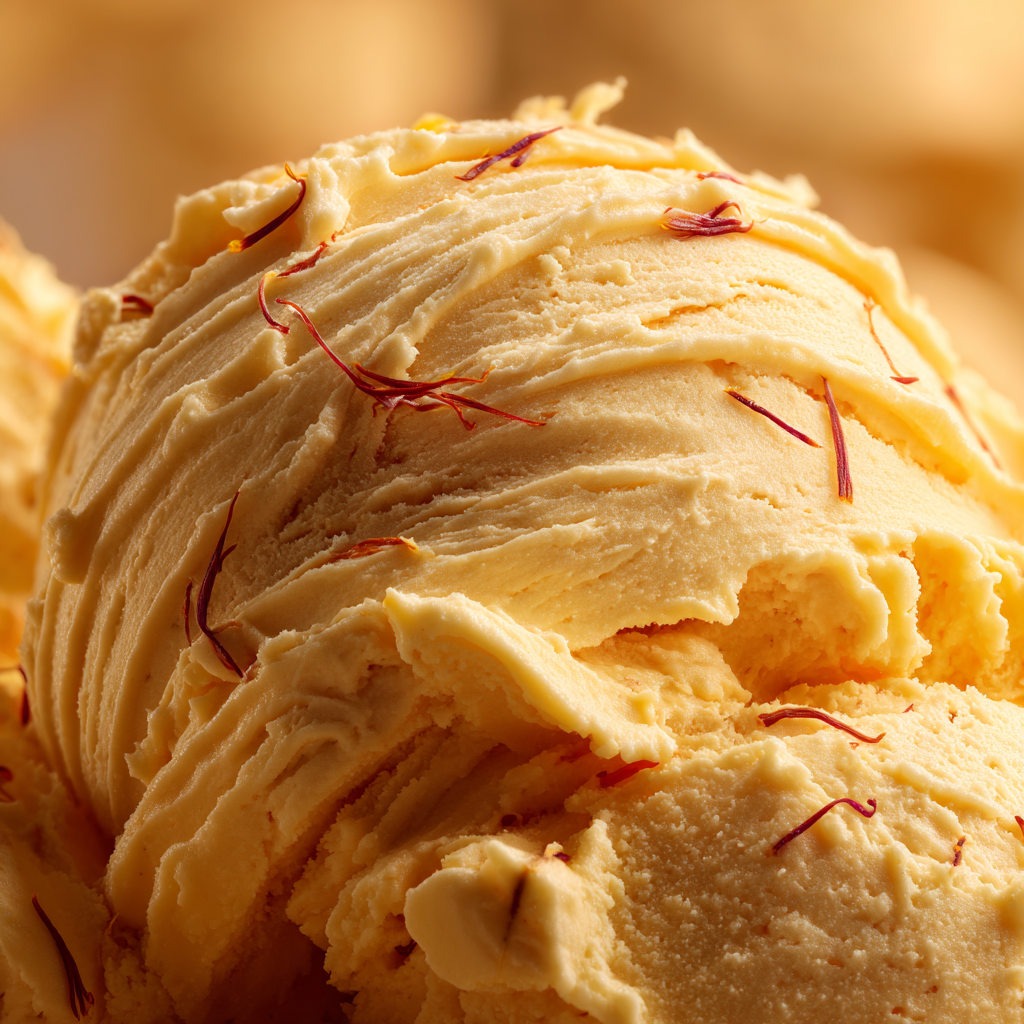 creamy Italian saffron gelato (gelato allo zafferano) with a silky, dense texture and natural golden color from real saffron threads.