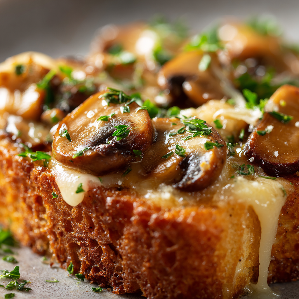 one crostino ai funghi showing crisp bread texture, glistening mushrooms, melted cheese threads, and sprinkled parsley.