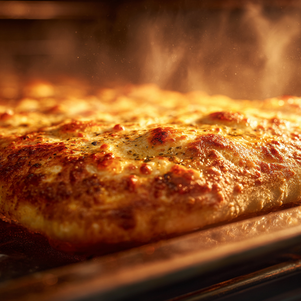 Focaccia di Recco baking in a home oven, top layer bubbling, small blisters forming, light reflections of molten cheese, and steam vents visible.