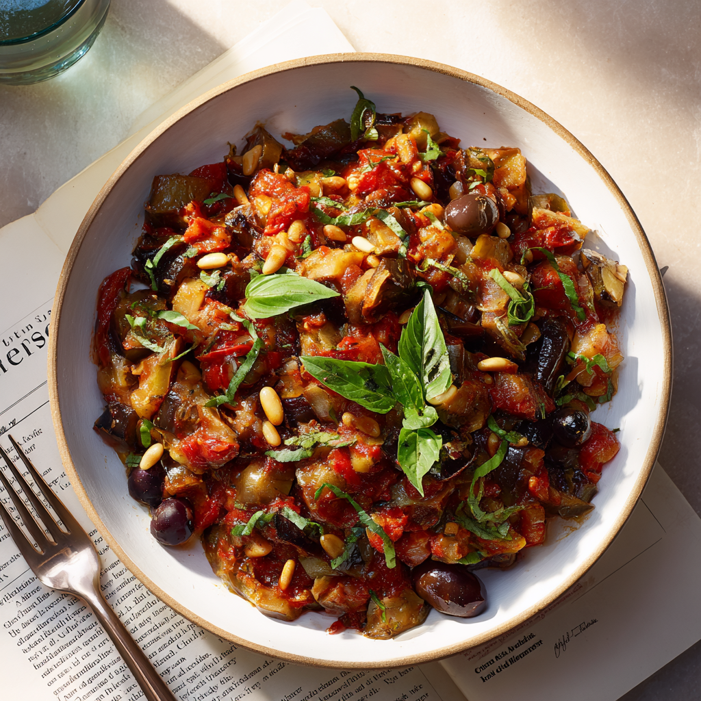Caponata di melanzane on a crostini, with glossy sweet-sour eggplant relish, visible golden raisins, fresh parsley sprinkle
