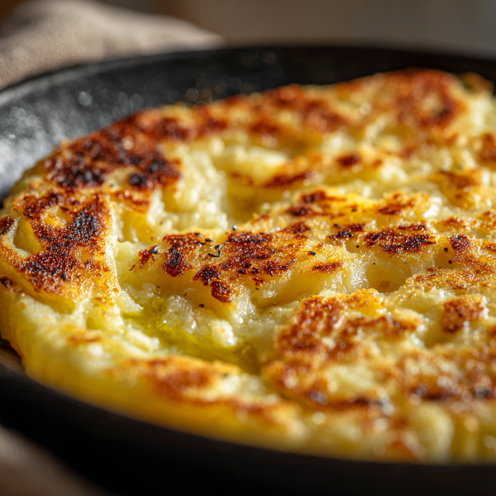 Frico Friulano, showing the golden, crispy crust with slightly blistered edges and the creamy, melted potato-cheese interior just beneath the surface.
