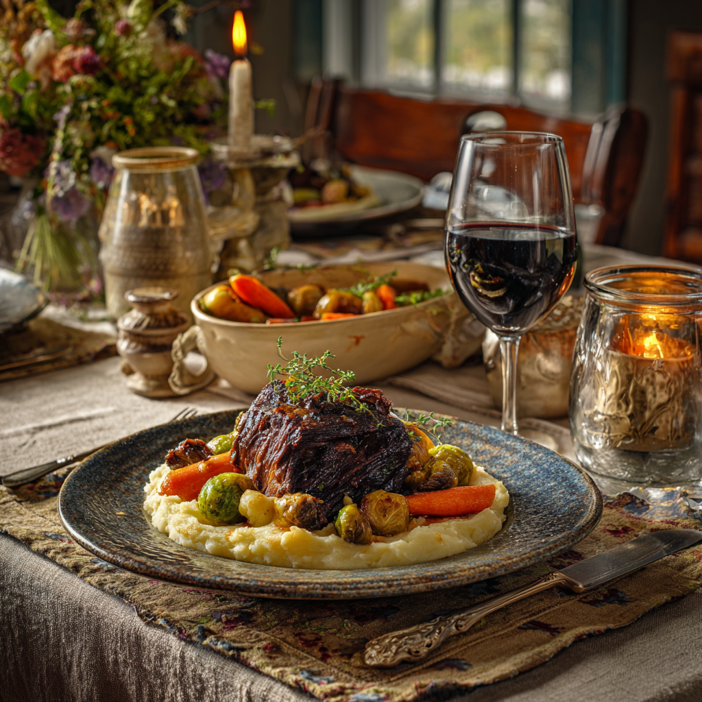 dinner table with Brasato al Barolo served on a platter surrounded by mashed potatoes and roasted vegetables.