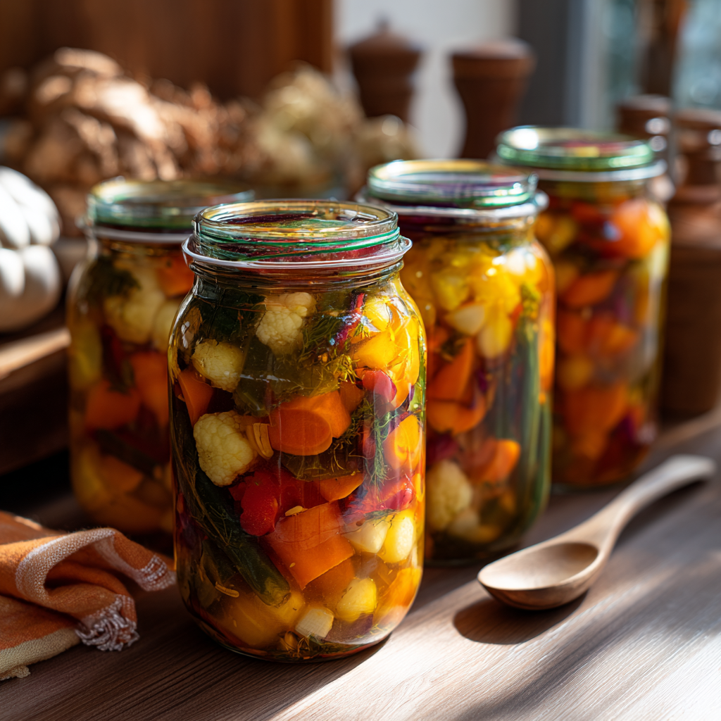 Several jars of Giardiniera Italiana Sott’Aceto cooling on a kitchen counter, filled with colorful vegetables in bright vinegar brine.