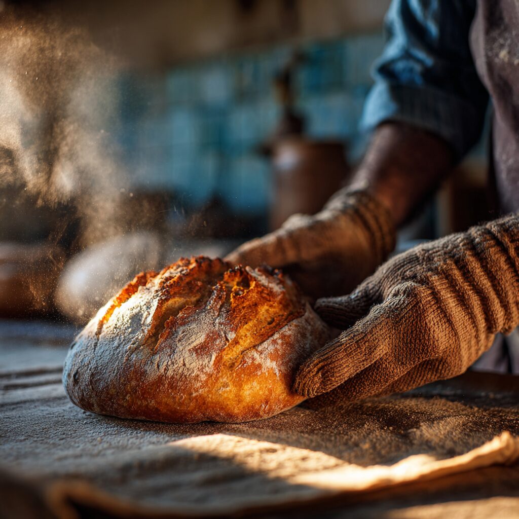 A baker’s hands pulling a crusty pane cafone from a hot oven with thick oven mitts, golden steam rising