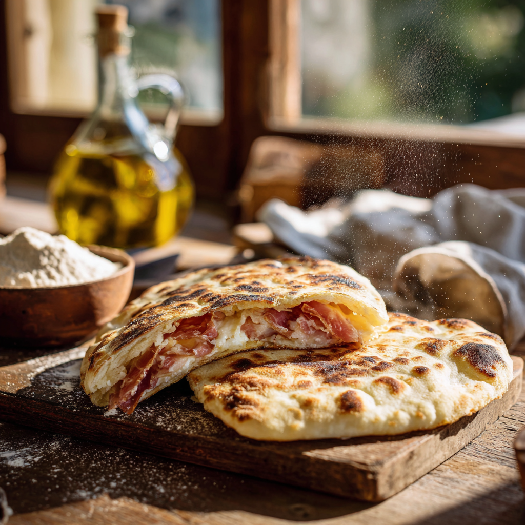 Torta al Testo Umbra flatbread sliced in half and filled with prosciutto and pecorino cheese, served on a rustic wooden board.