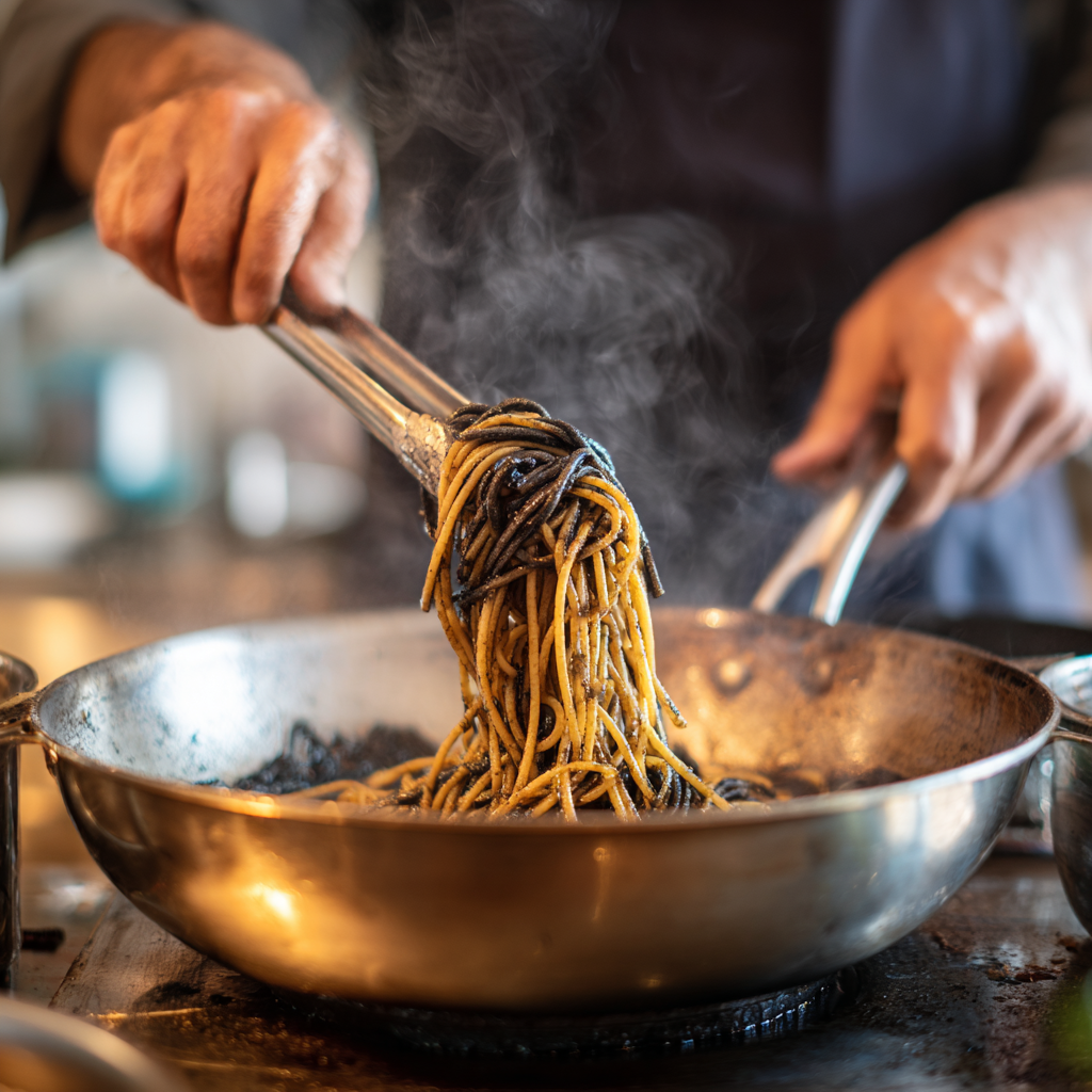 spaghetti al nero di seppia in a wide stainless steel pan with tongs, squid ink sauce visibly coating noodles.