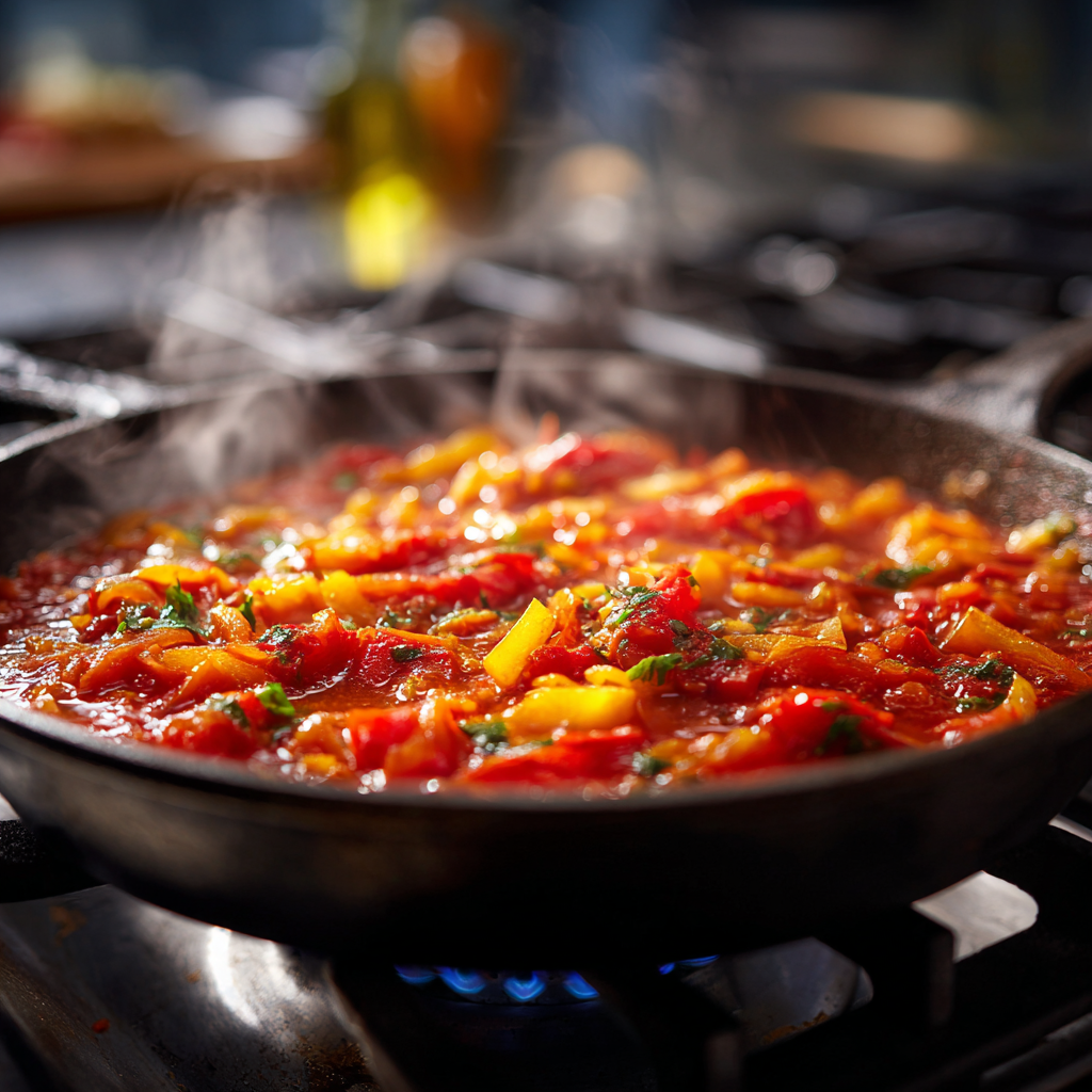 peperonata simmering in a wide skillet on a gas stove — visible red and yellow peppers, onions, and tomato sauce bubbling gently in olive oil.