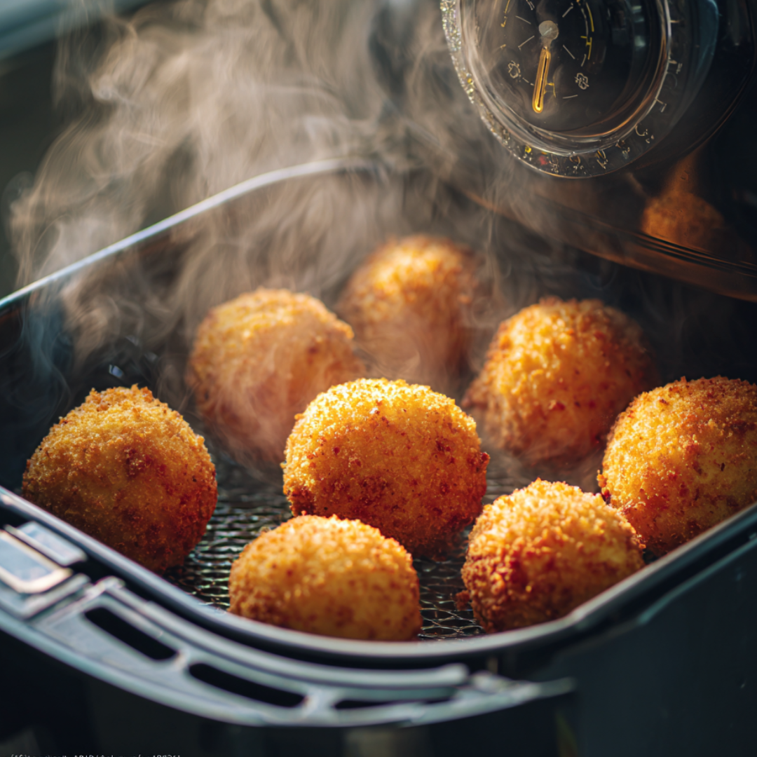 golden and crispy, steam rising slightly, stainless steel kitchen