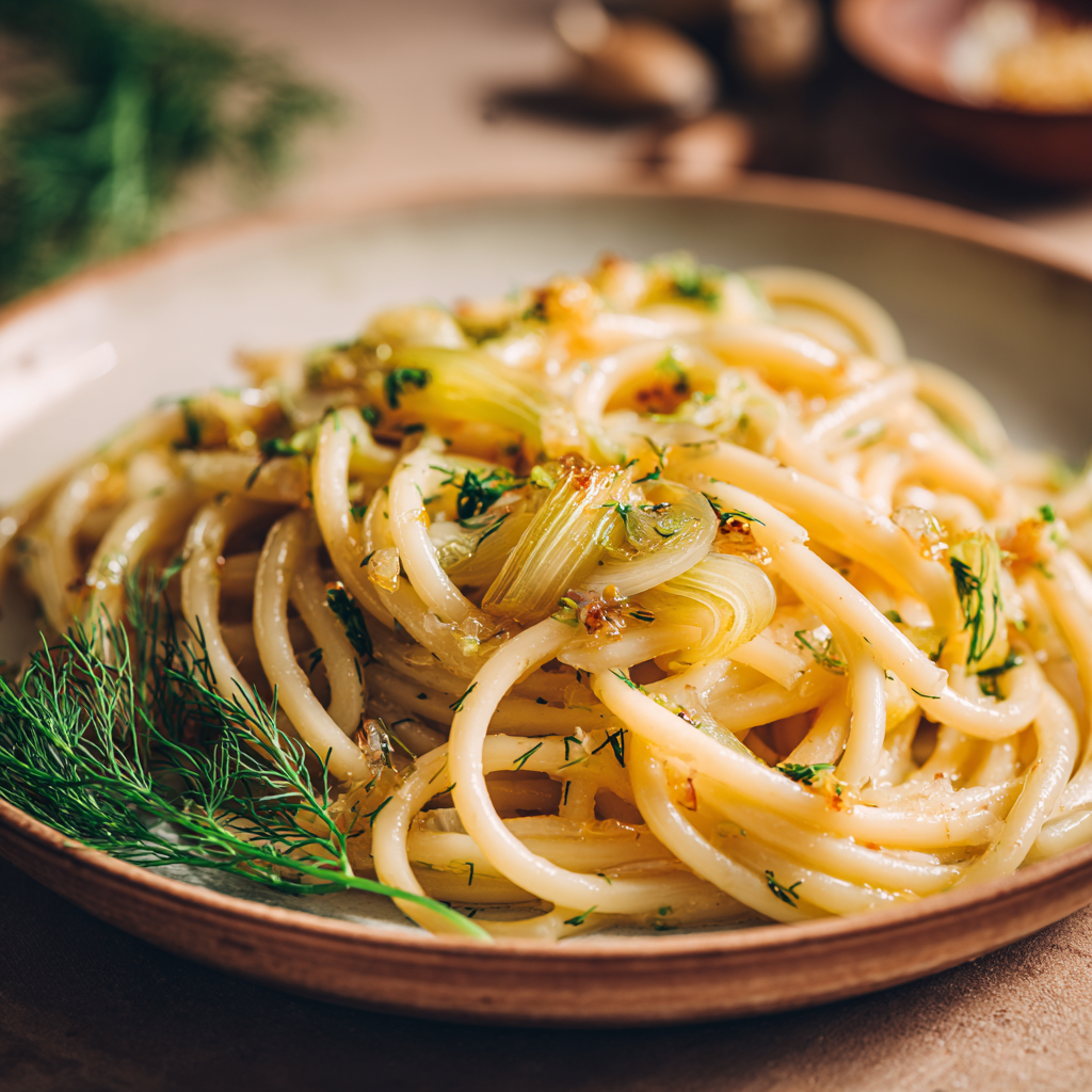 Pasta con Finocchietto Selvatico (wild fennel pasta) in a shallow ceramic bowl.