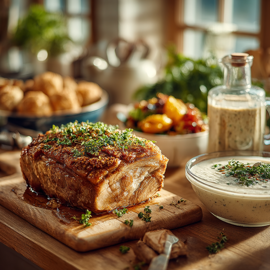 veal roast cooling in broth on a stovetop and a blender with tuna sauce beside it.