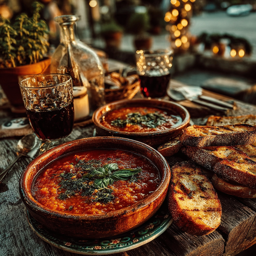 pappa al pomodoro, slices of grilled bread on the side, glasses of red wine, and a small basil plant in the background.