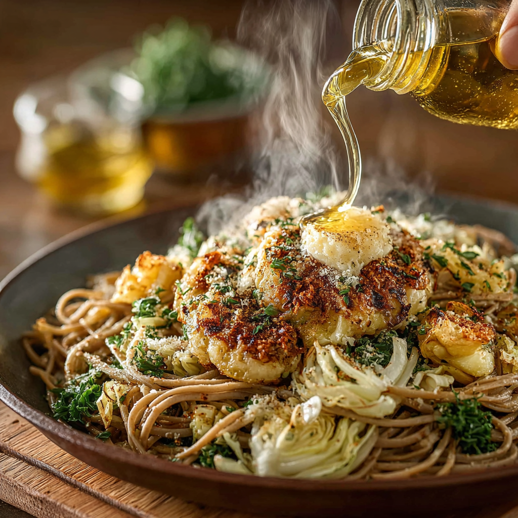 pizzoccheri being layered in a dish — hand pouring garlic butter over hot buckwheat pasta