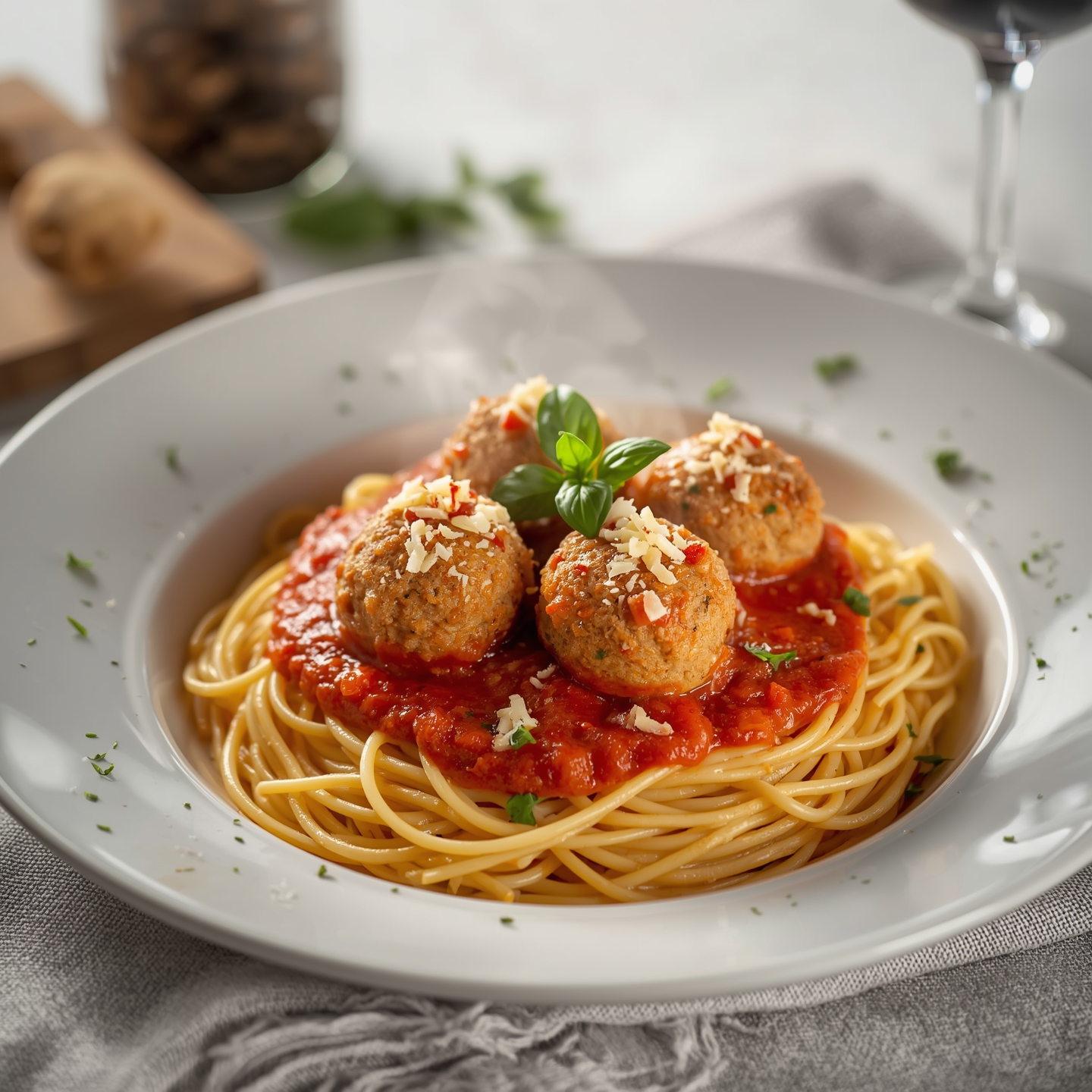 freshly made spaghetti alla chitarra with tiny meatballs (pallottine) served in a rustic ceramic bow