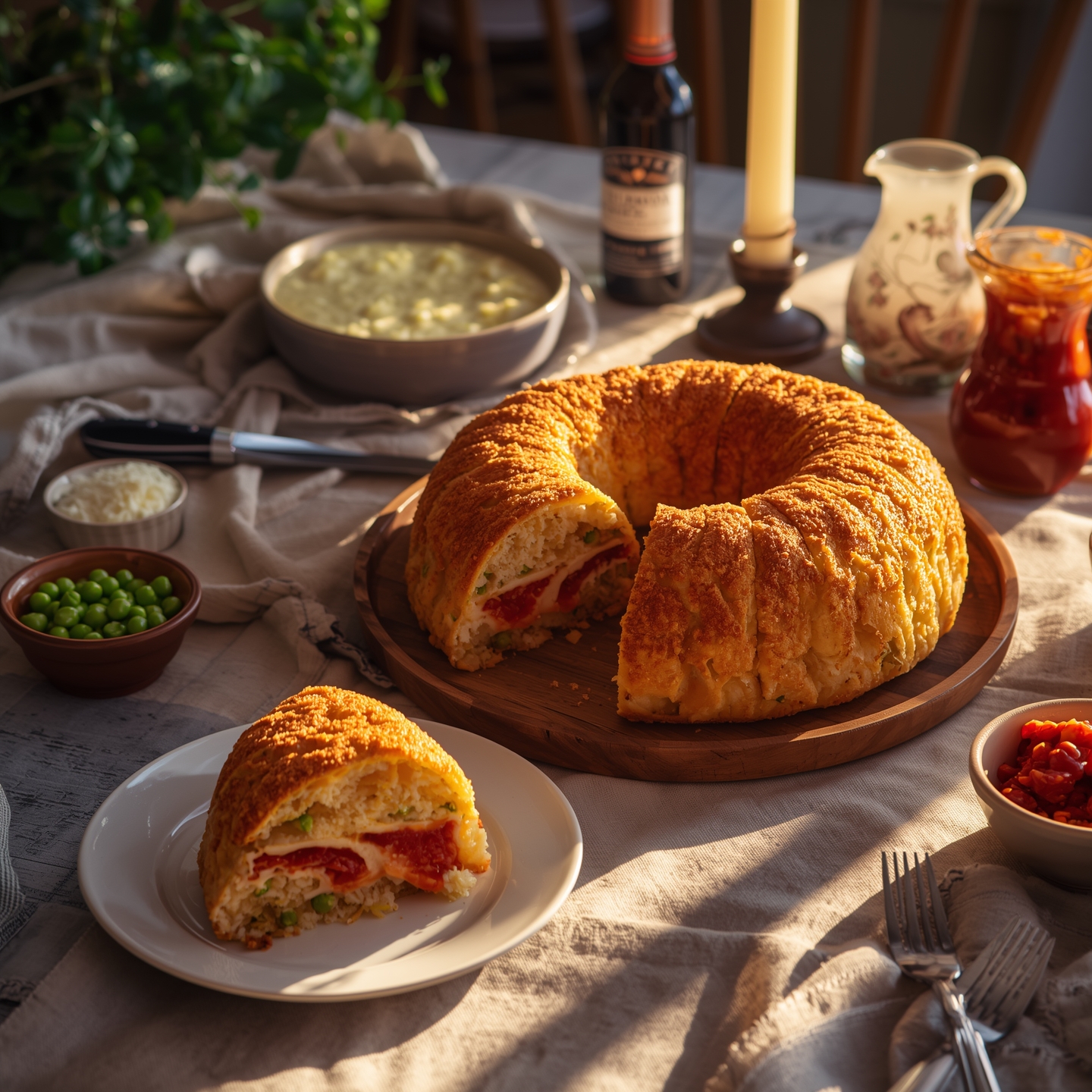 A family-style table with the whole golden rice timbale in the center,