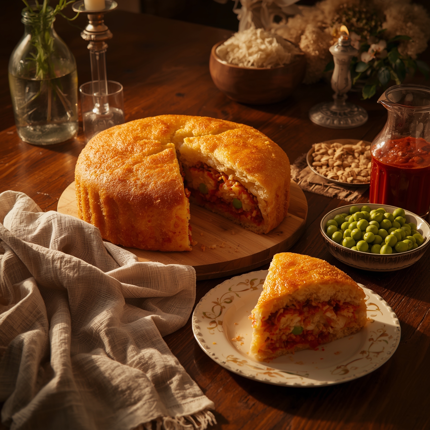 Italian dinner table scene featuring a freshly baked Sartù di Riso Napoletano