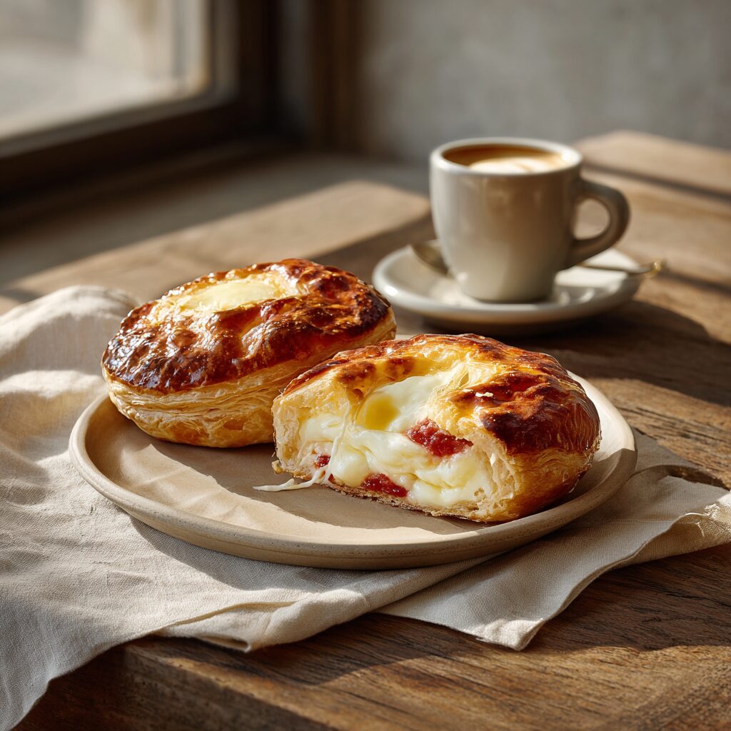 Rustico Leccese pastries — round, golden-brown puff pastry rounds (about 10 cm wide) with slightly puffed rims and glossy, egg-brushed tops.