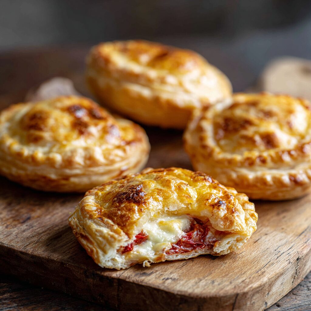 freshly baked Rustico Leccese pastries on a wooden board