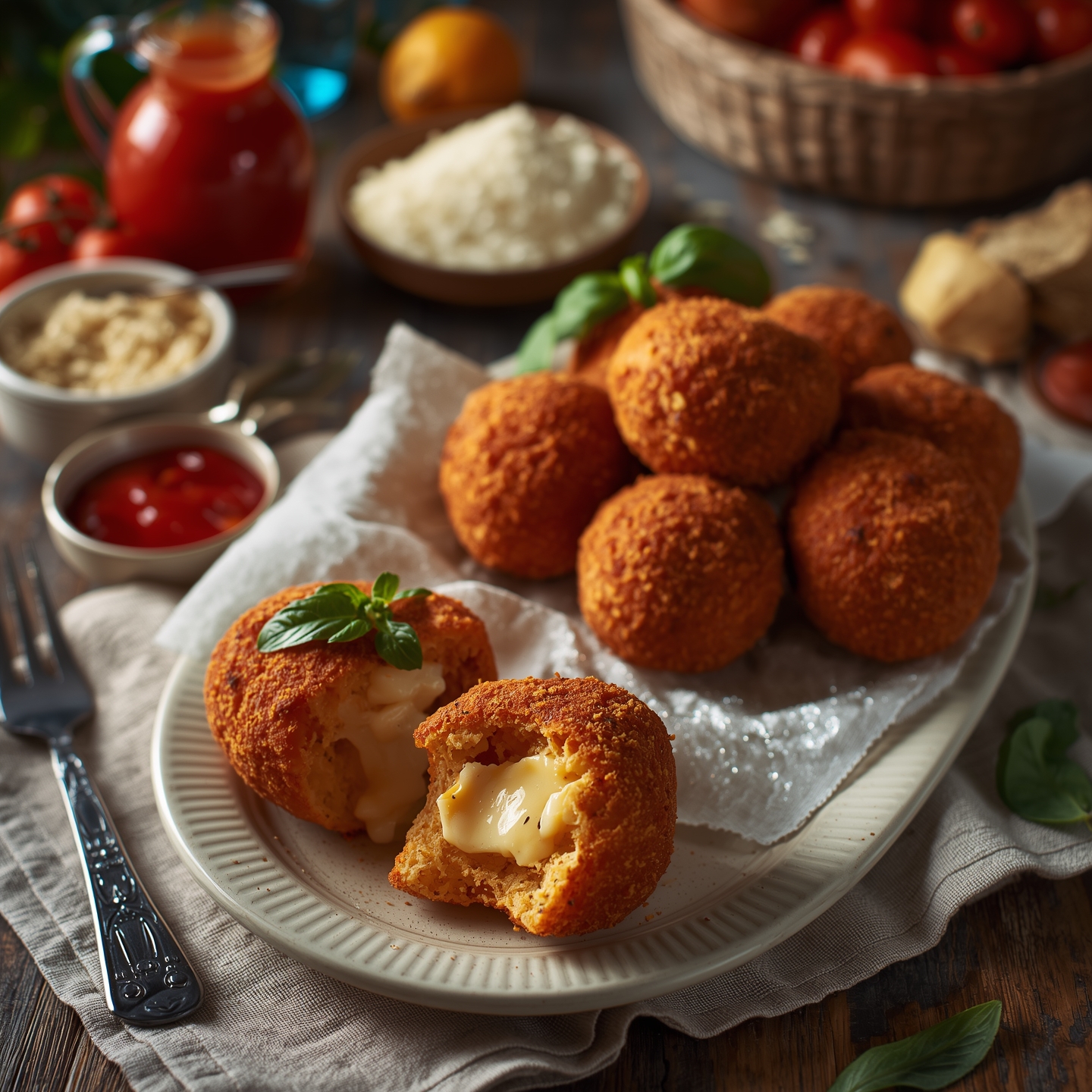 platter of Sicilian arancini, one arancino sliced in half, showing the creamy interior and cheese