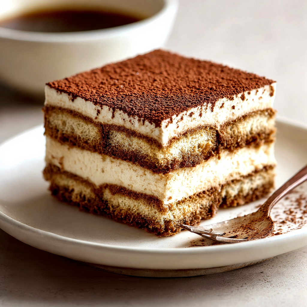 cut slice of vegan tiramisu on a white ceramic plate