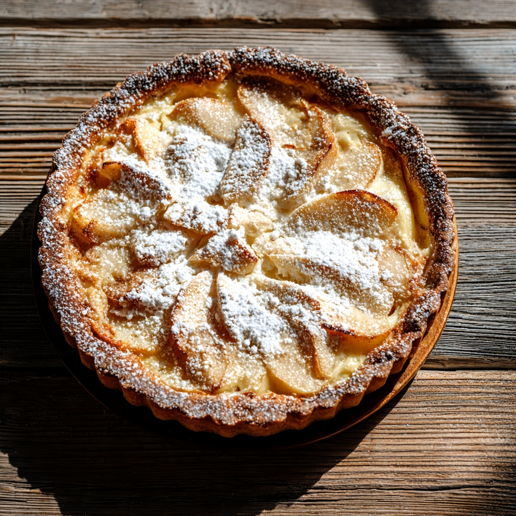 freshly baked Italian pear ricotta tart with a golden shortcrust pastry, silky ricotta filling, and visible sautéed pear pieces inside.