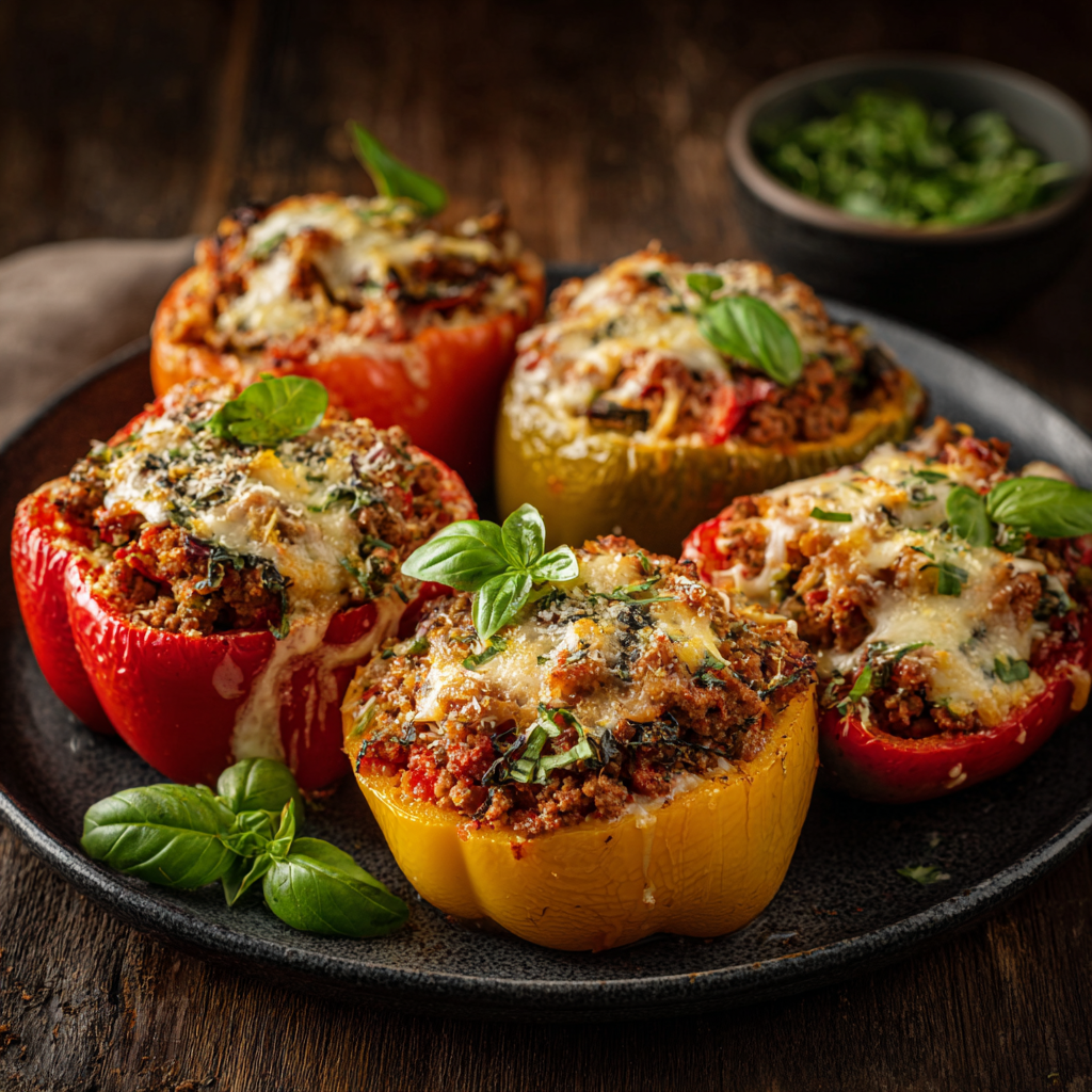 A tray of authentic Italian stuffed bell peppers sliced in half lengthwise, filled with a savory mixture of ground meat, rice, tomatoes