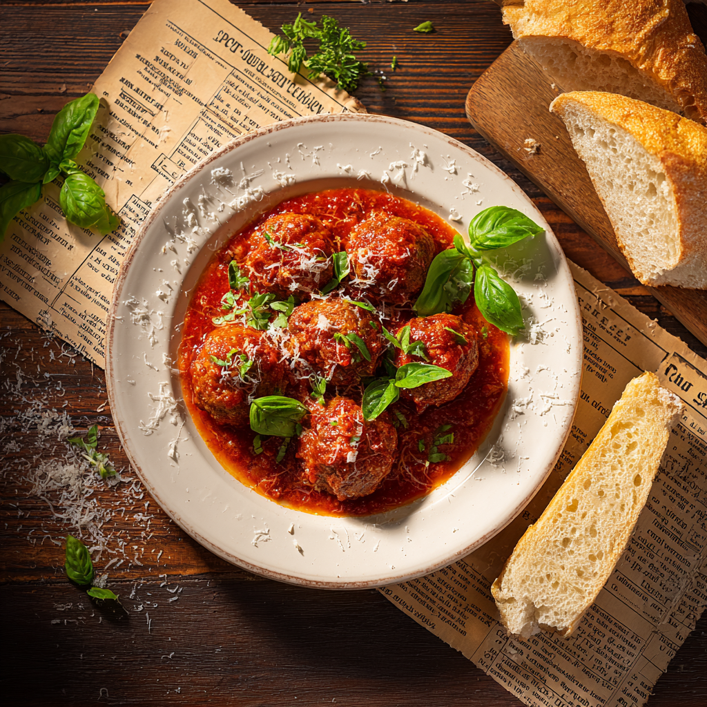 A plate of authentic Italian meatballs (polpette al sugo) simmered in a rich tomato passata sauce, made with a beef-pork blend