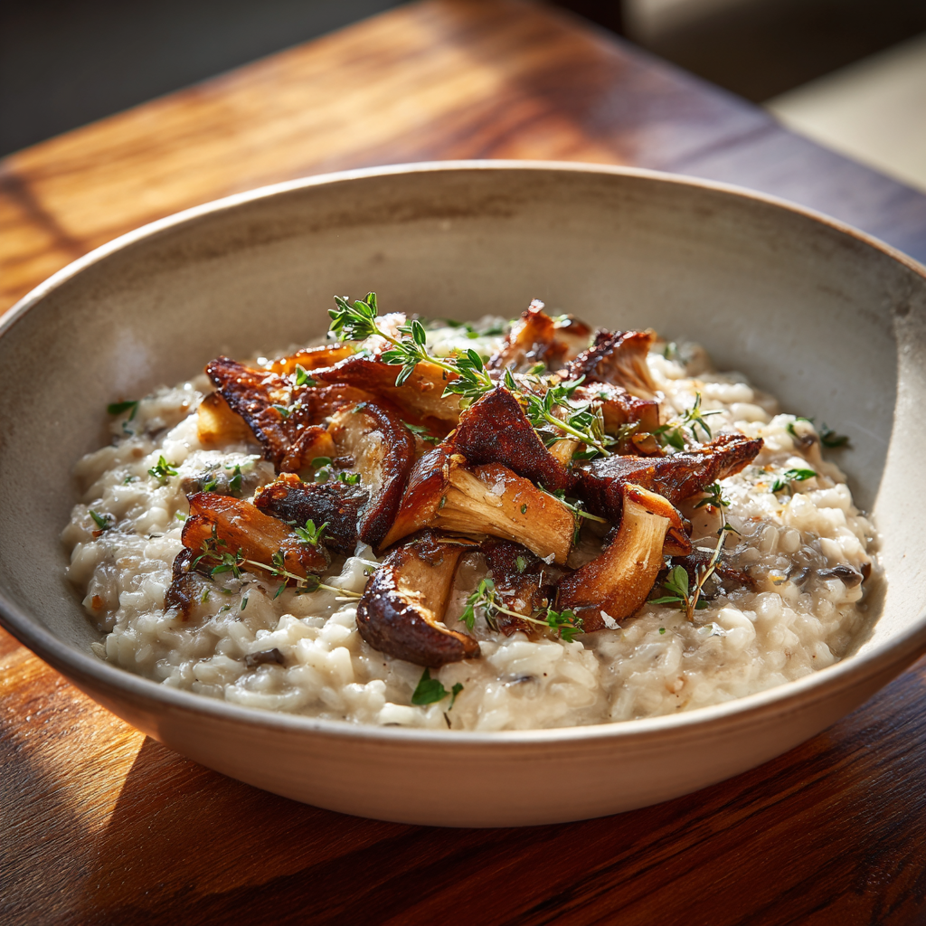 A warm bowl of creamy vegan mushroom risotto made with arborio rice, golden browned mixed mushrooms