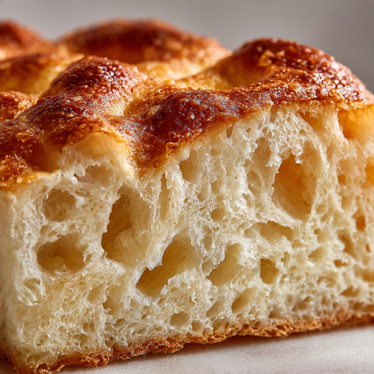 sliced piece of Ligurian focaccia showing its ivory, airy, pillowy interior and crisp golden crust.