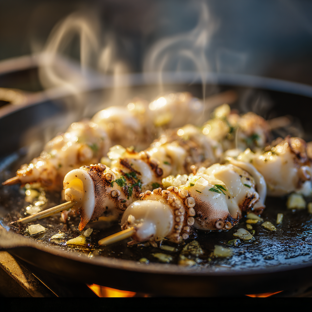 calamari skewers grilling on a hot cast-iron pan, steam rising, golden sear marks, bits of garlic and herbs
