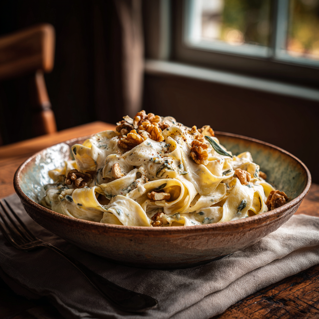 Tagliatelle ribbons wrapped in creamy gorgonzola sauce, sprinkled with toasted walnuts and a hint of sage.