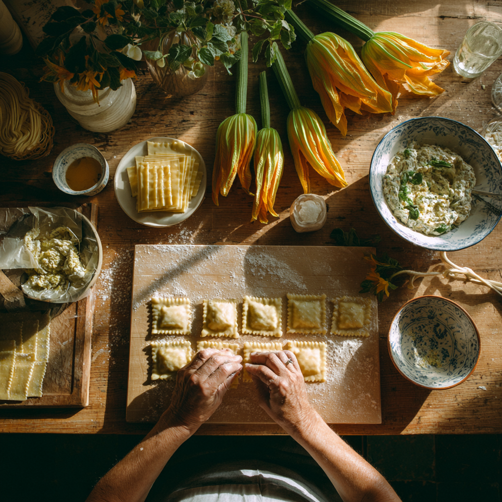 rolled-out pasta sheets, zucchini blossoms, a bowl of ricotta filling with lemon zest and mint