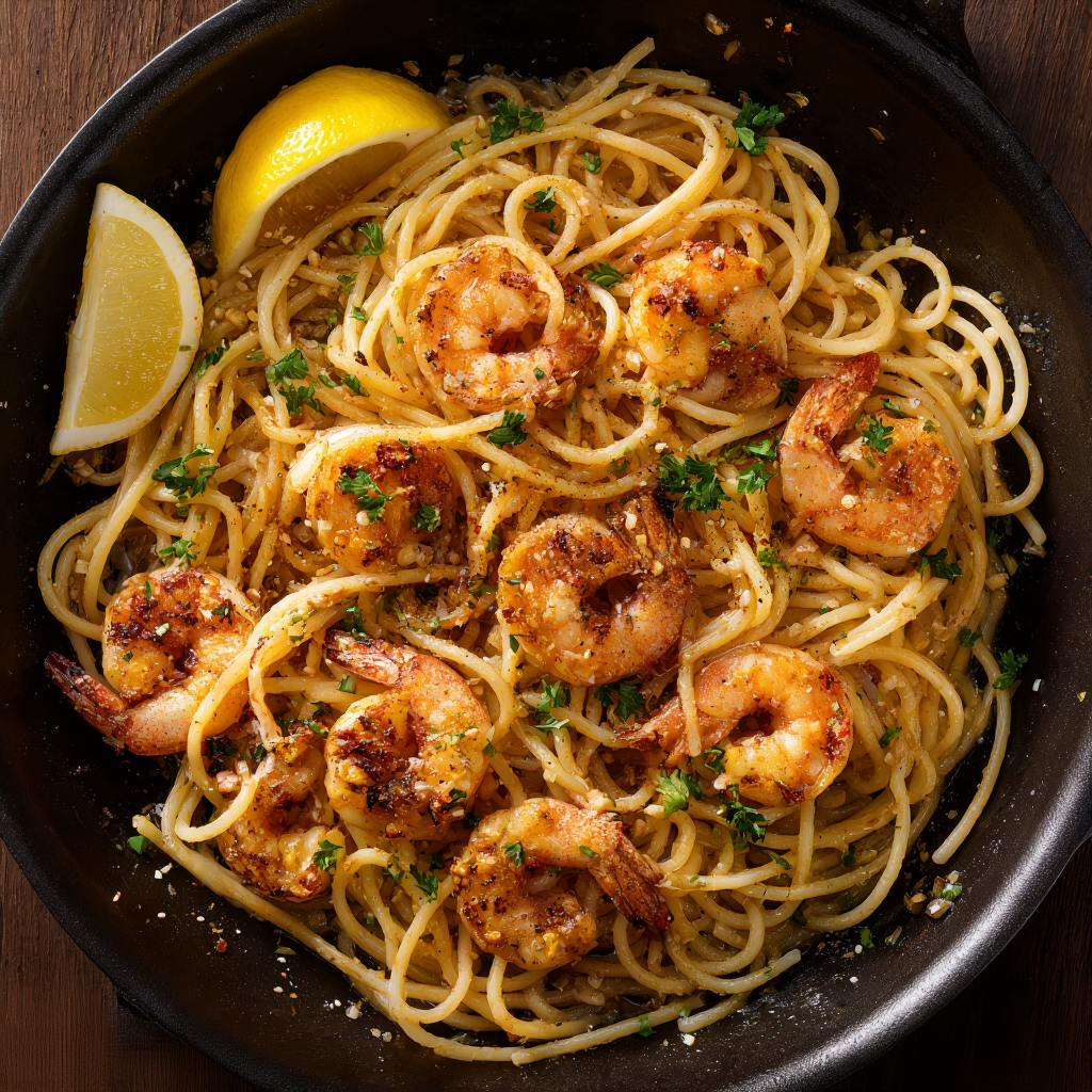 lemon garlic shrimp pasta, noodles coated in shiny lemon-butter sauce, medium shrimp curled into 'C', parsley scattered, lemon wedges on the side