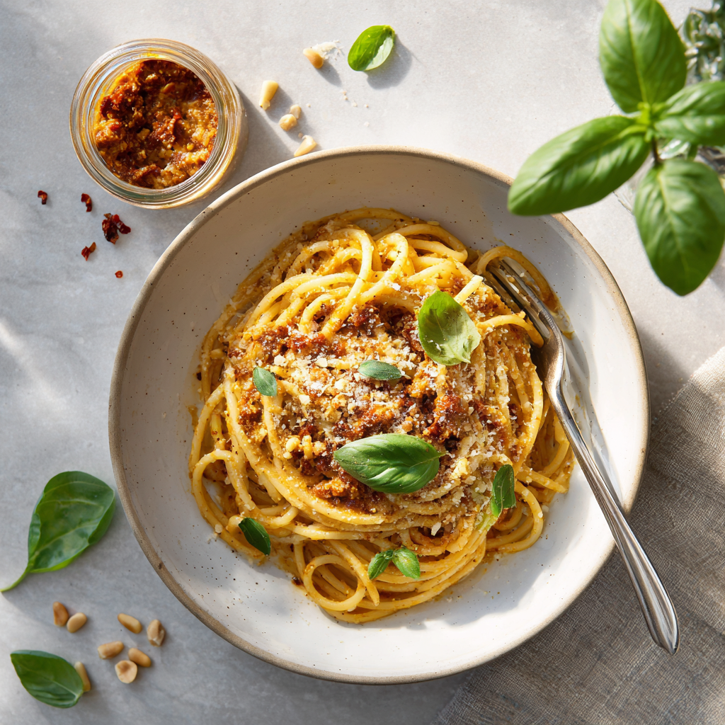 pasta with sun-dried tomato pesto served in a white ceramic bowl.