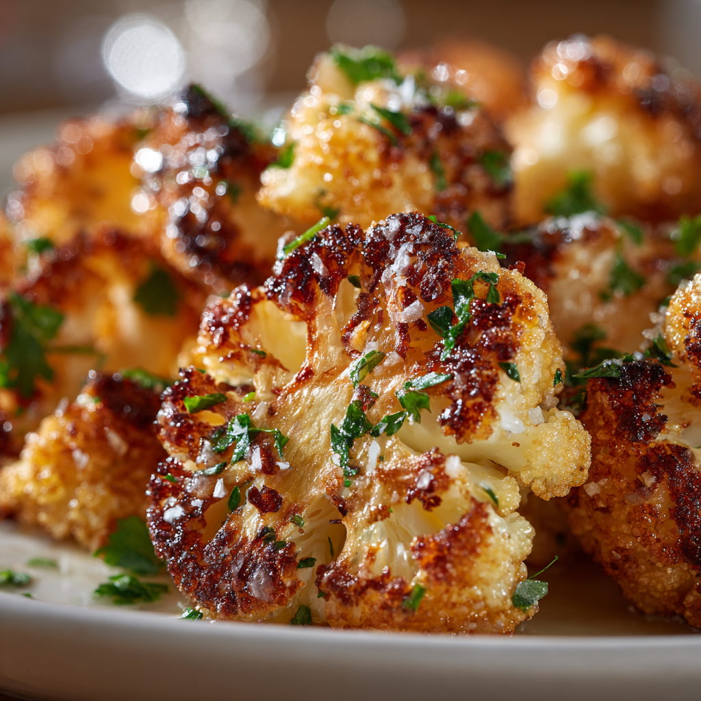 crispy Italian roasted cauliflower florets, browned edges glistening with olive oil