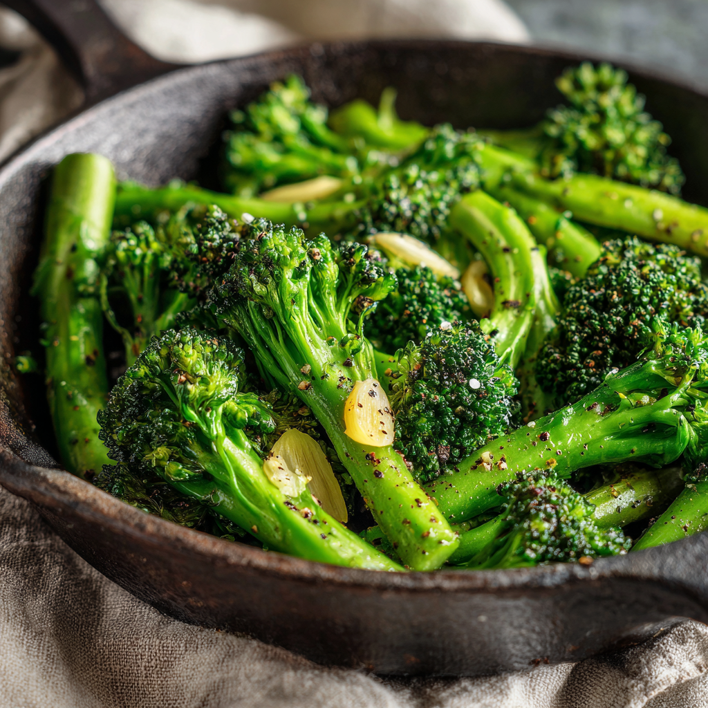 A rustic skillet filled with tender, olive-green sautéed broccoli in extra virgin olive oil, garlic pieces visible, glistening texture, sprinkled with black pepper.