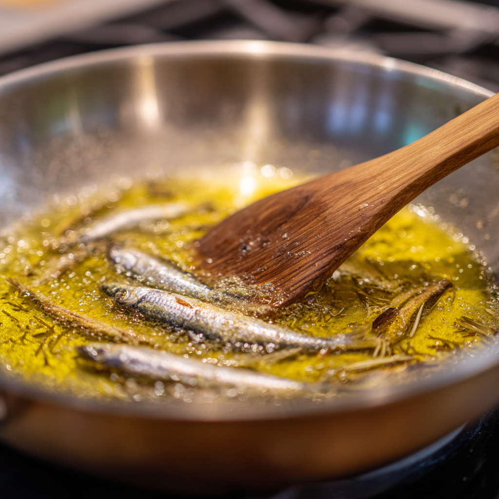 Butter melting in a stainless-steel skillet as anchovy fillets dissolve into the fat, forming a glossy golden base.