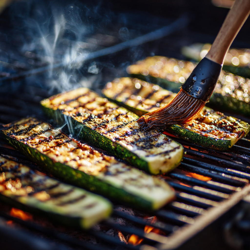 Zucchini planks grilling on an outdoor gas grill at medium heat, with visible sear marks forming, a basting brush applying balsamic glaze, soft smoke rising.