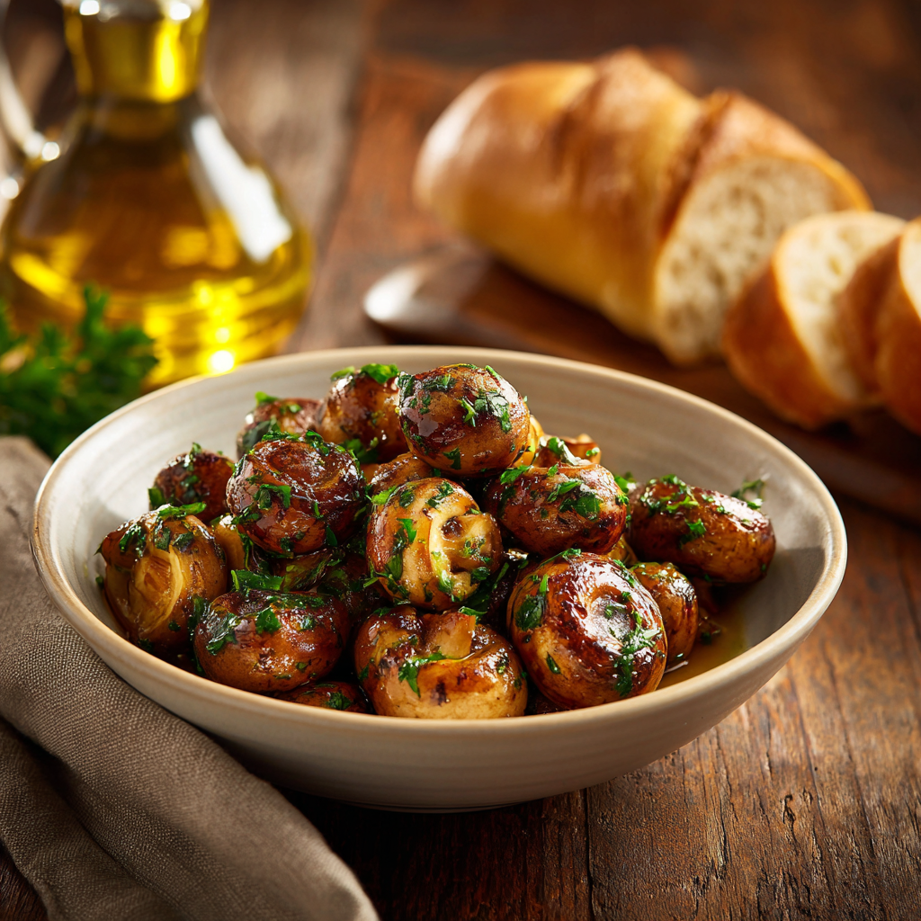 golden-brown sautéed mushrooms with fresh parsley, placed on a wooden table beside a loaf of crusty bread and a bottle of olive oil