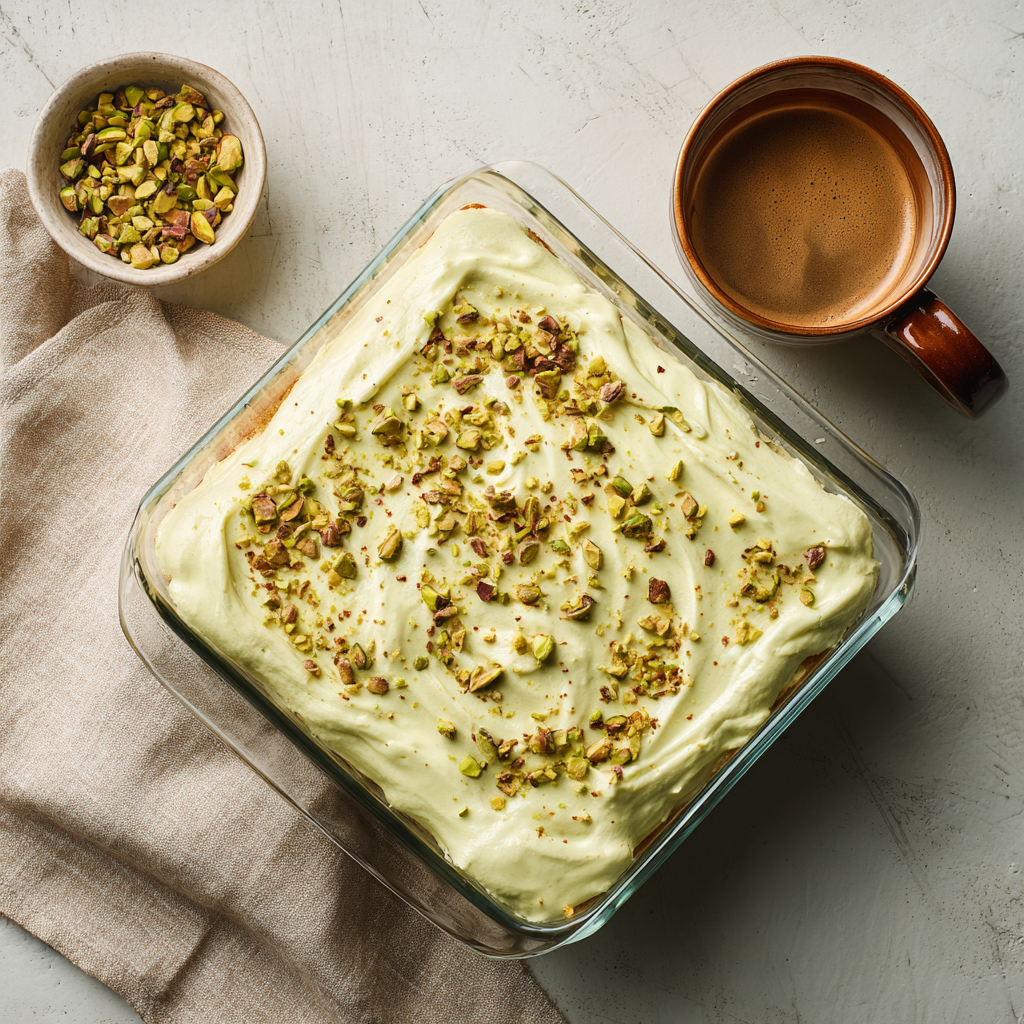 dish filled with pistachio tiramisu. The top layer is glossy pale green pistachio cream with a sprinkle of chopped pistachios