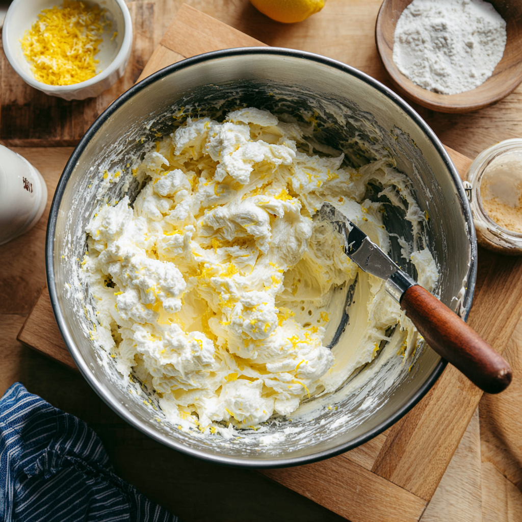 creamy butter, sugar, eggs, and ricotta cheese being blended, with visible lemon zest on a wooden kitchen counter.
