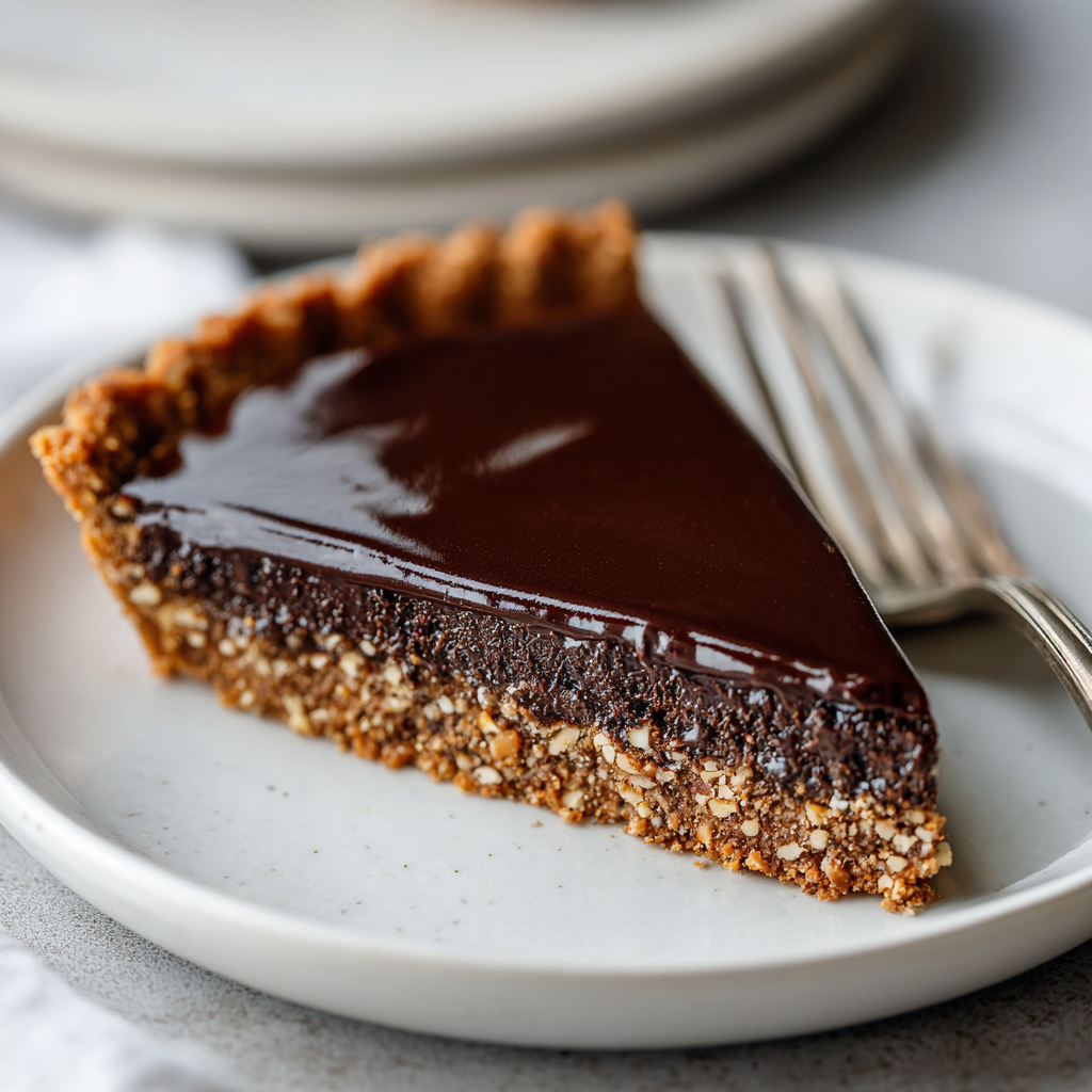 sliced hazelnut chocolate tart with glossy dark chocolate ganache topping, visible nut crumb texture inside