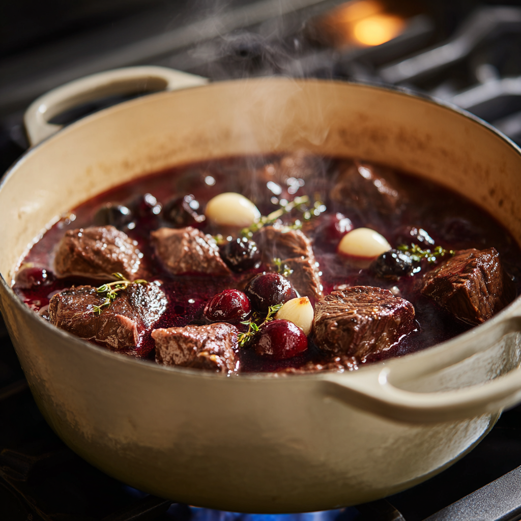 A heavy cream-colored enameled Dutch oven on a stove, filled with simmering Peposo stew: beef pieces