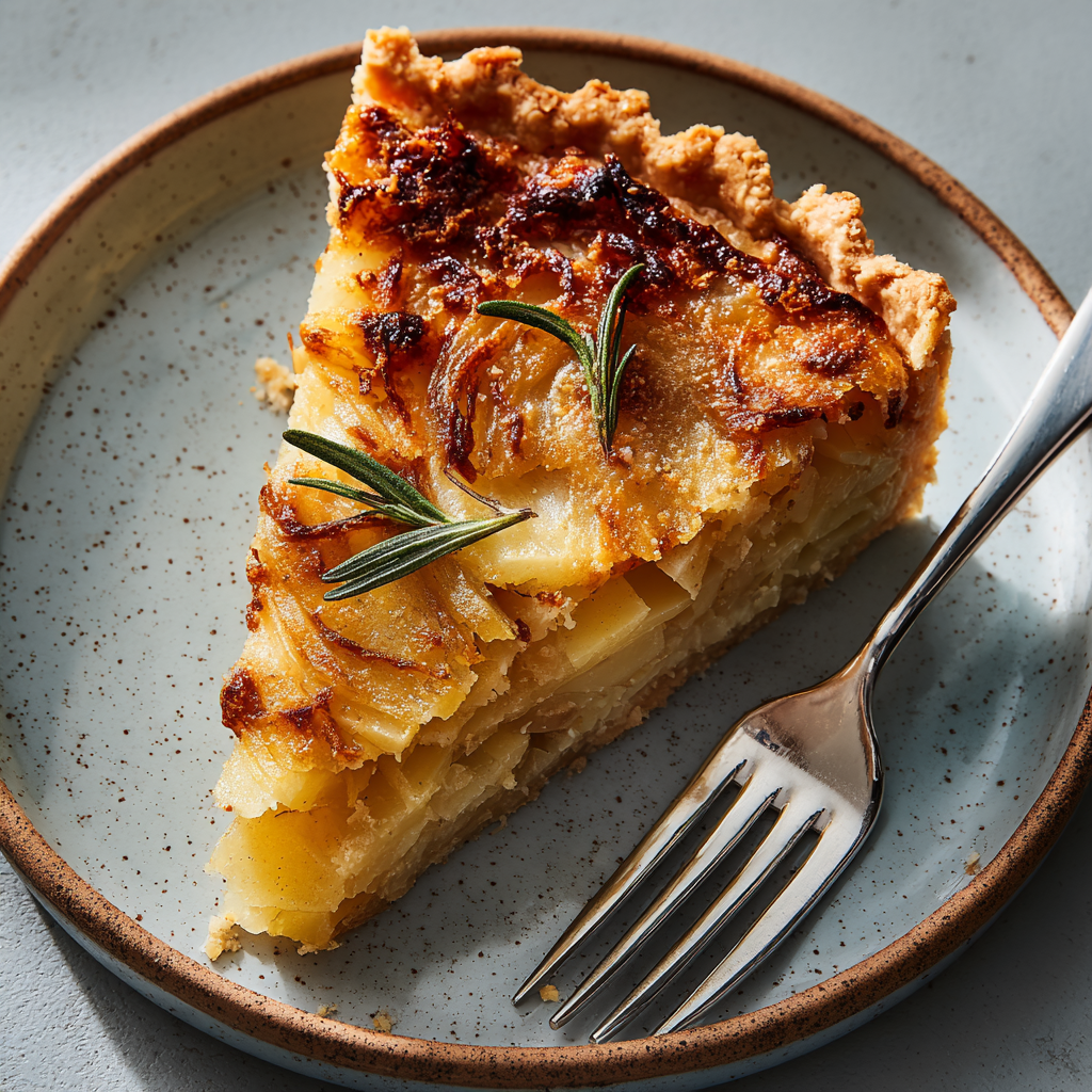 savory Italian crostata showing a tender, flaky pasta frolla crust and neatly layered filling of caramelized onions, potato slices, and rosemary.