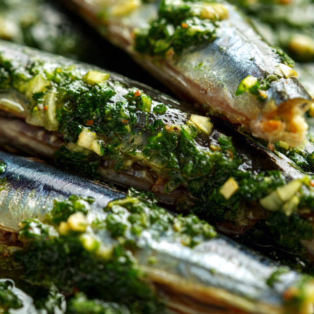 salt-packed anchovy fillets covered in chunky parsley salsa verde.
