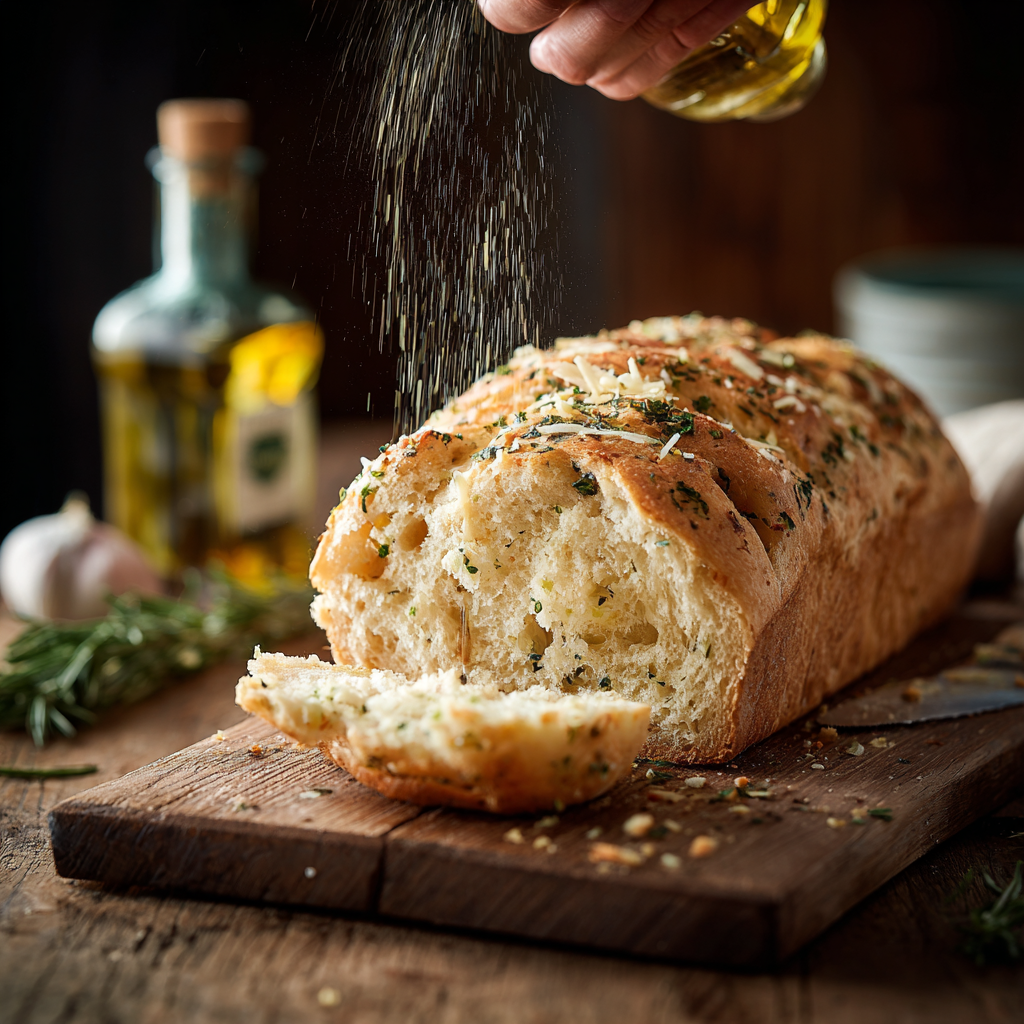 garlic herb Italian bread on a wooden cutting board