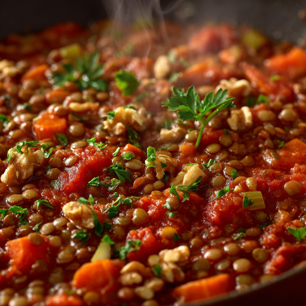 vegan lentil bolognese sauce in a pan.