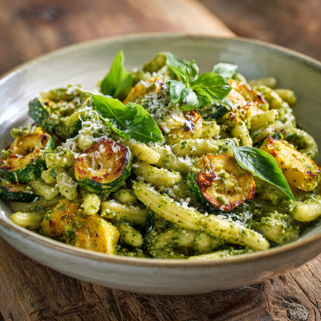 zucchini pasta with pesto, showing the glossy emulsified basil-walnut pesto coating the pasta