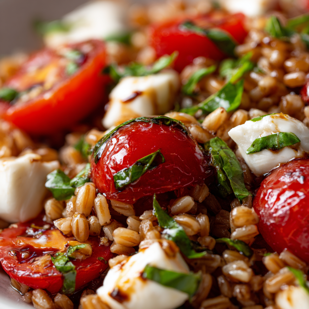 Caprese Farro Salad showing individual farro grains coated in balsamic dressing