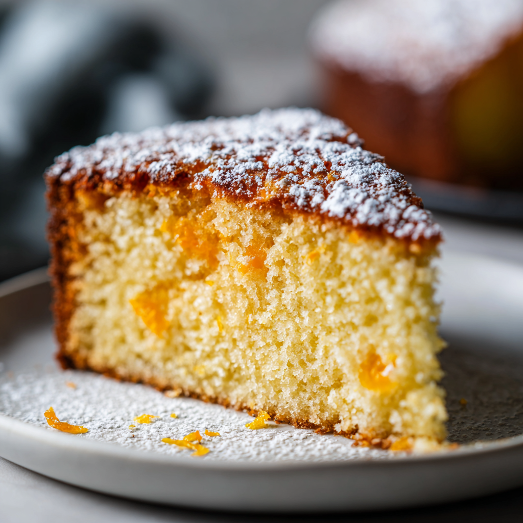single slice of Italian orange ricotta cake on a white ceramic plate